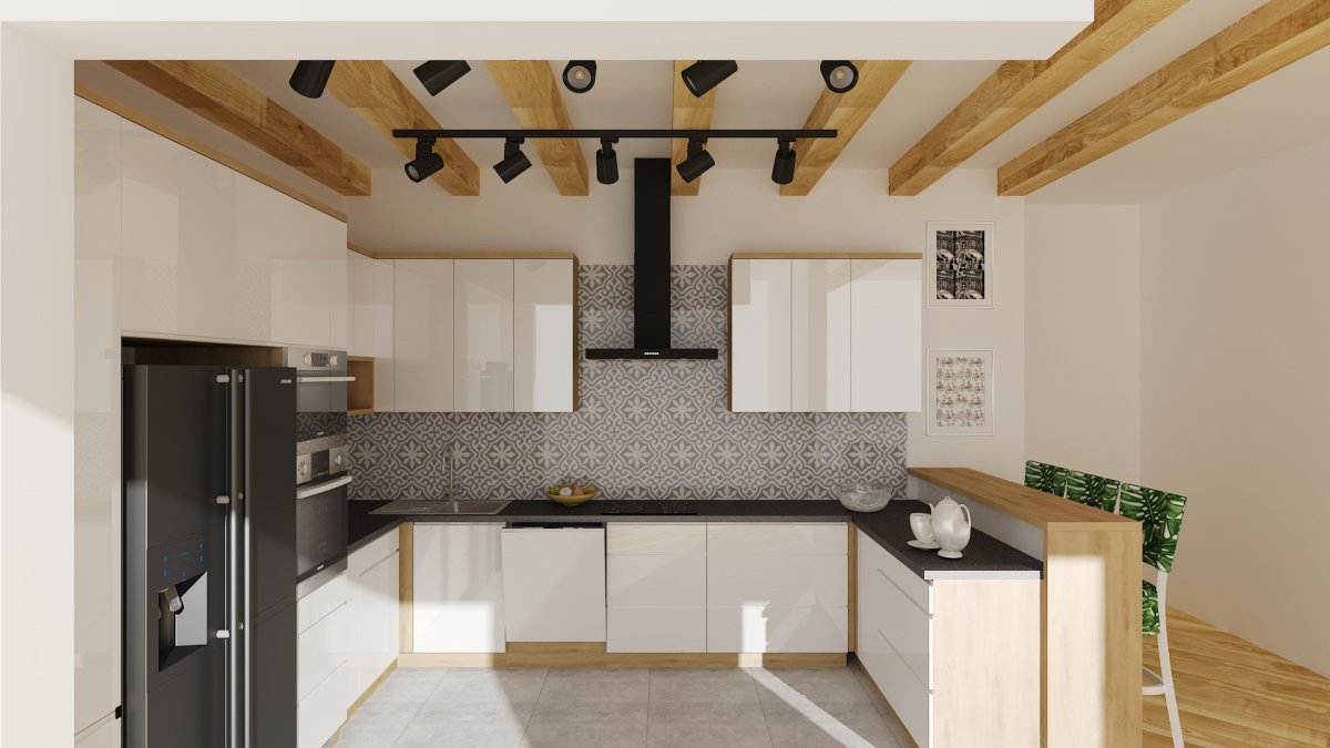 Nowoczesna kuchnia w drewnianym domu. 