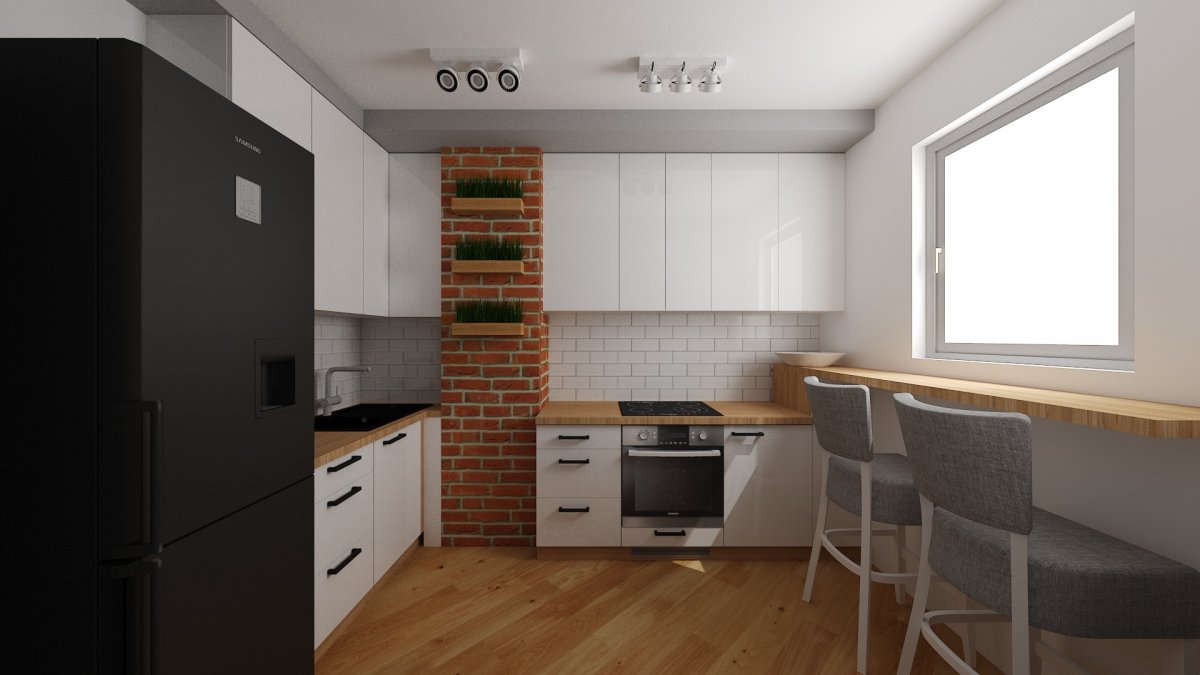 Kuchnia z cegłą na ścianie. 