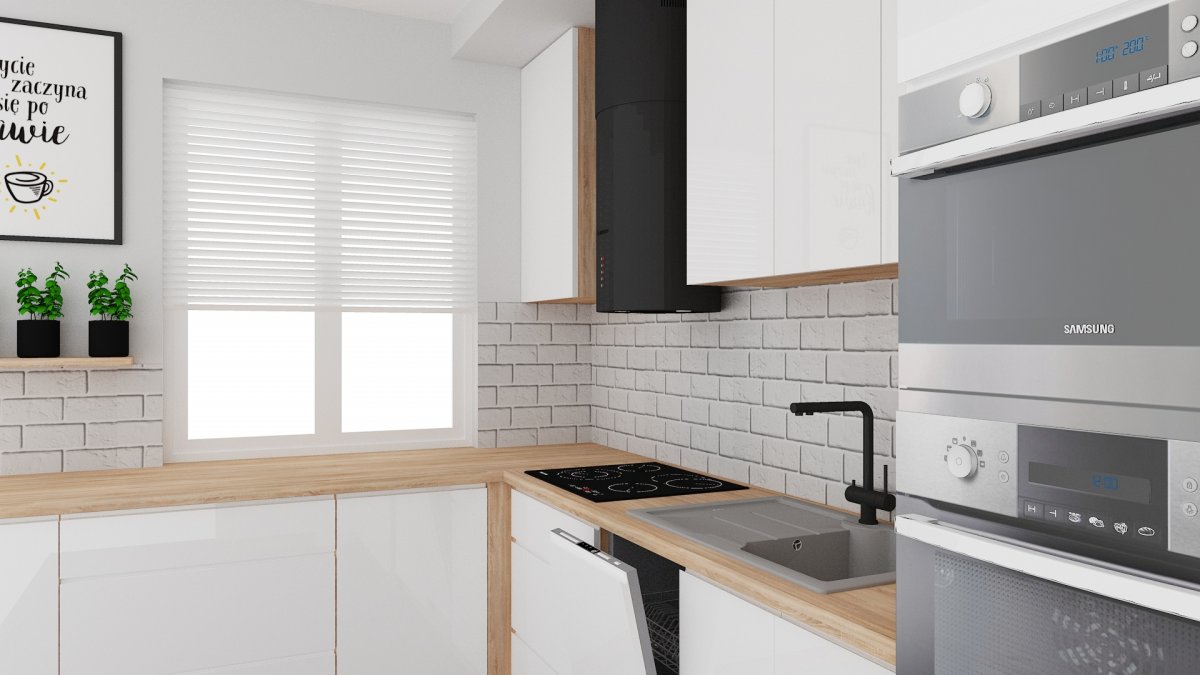 Kuchnia z białą cegłą