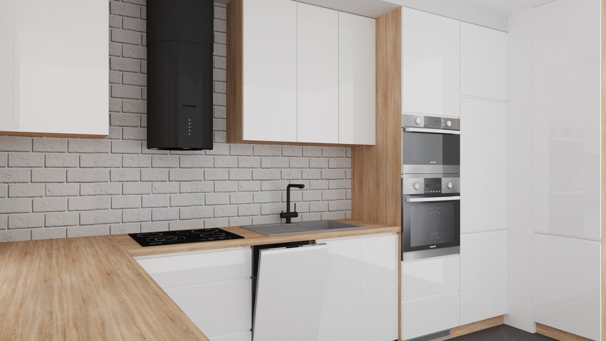 Kuchnia z białą cegłą