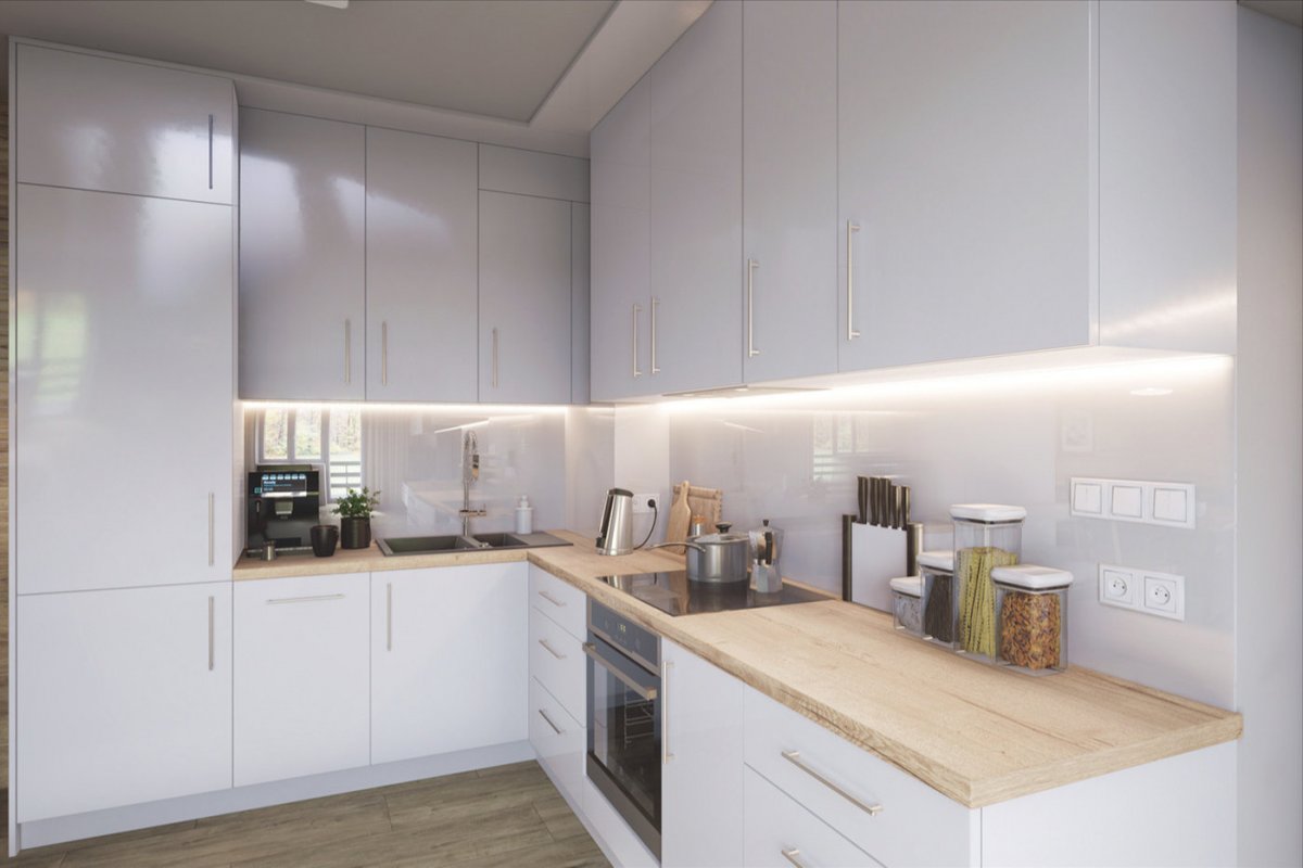 Biała kuchnia z elementami drewna