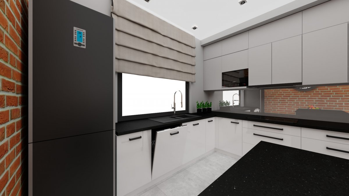 Białą kuchnia z ceglaną ścianą - projekt