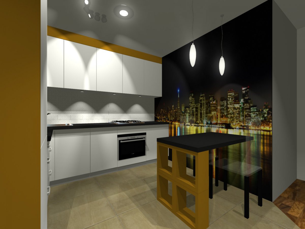 Żółta kuchnia z grafitowym blatem. 