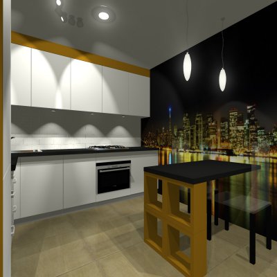 Żółta kuchnia z grafitowym blatem. 