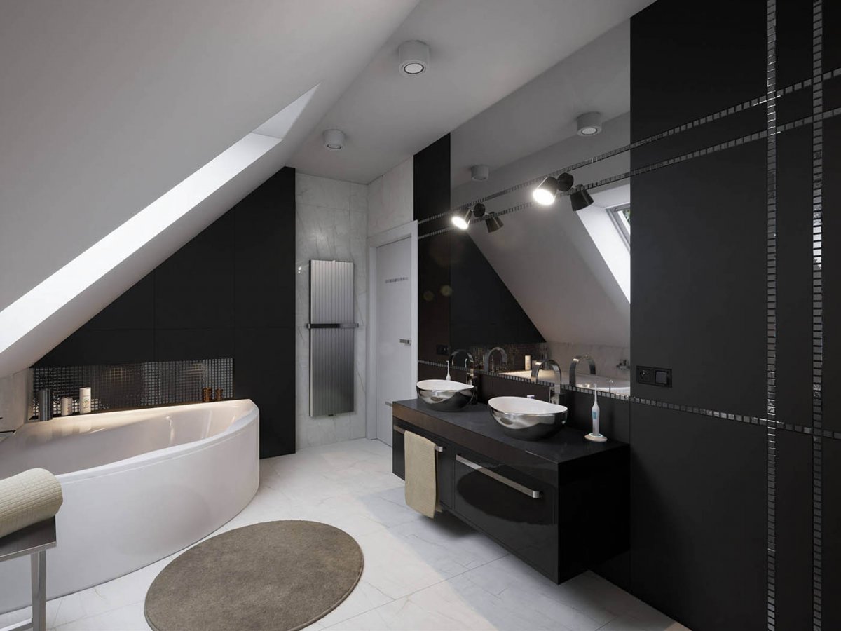 Czarna łazienka w pomieszczeniu ze skosami