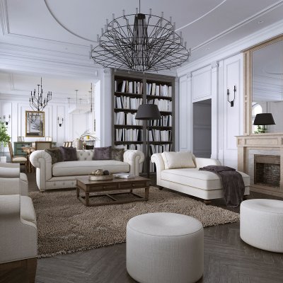 Biały salon ze sztukaterią na ścianach i suficie